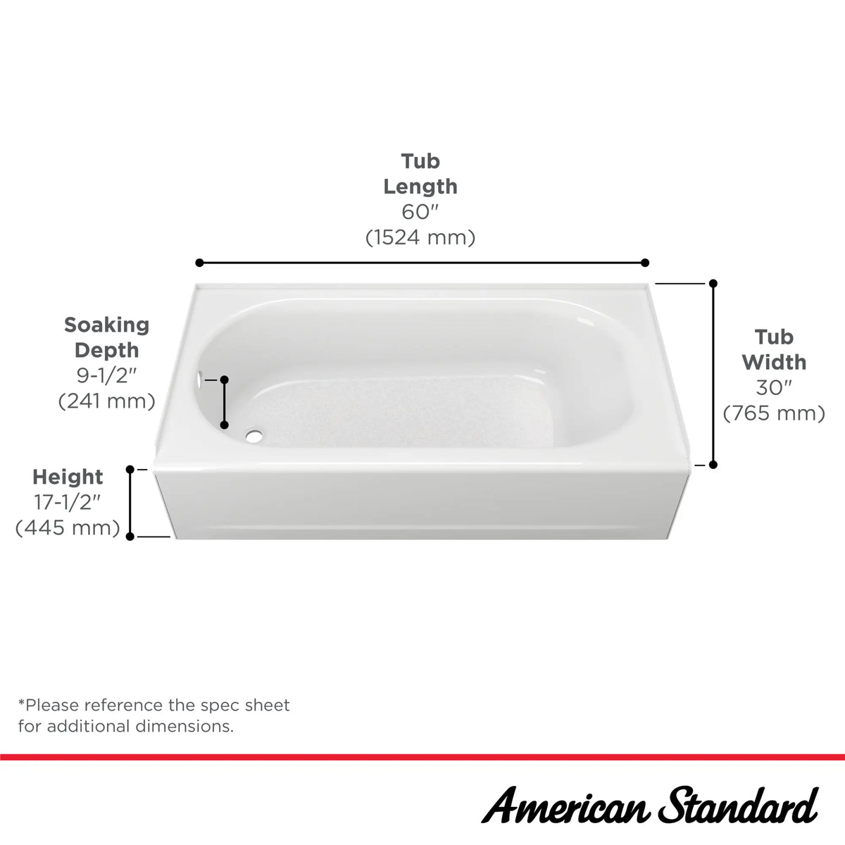 American Standard Princeton PRO Steel 60 x 30-inch Above Floor Rough Integral Apron Bathtub with Left-Hand Outlet - details