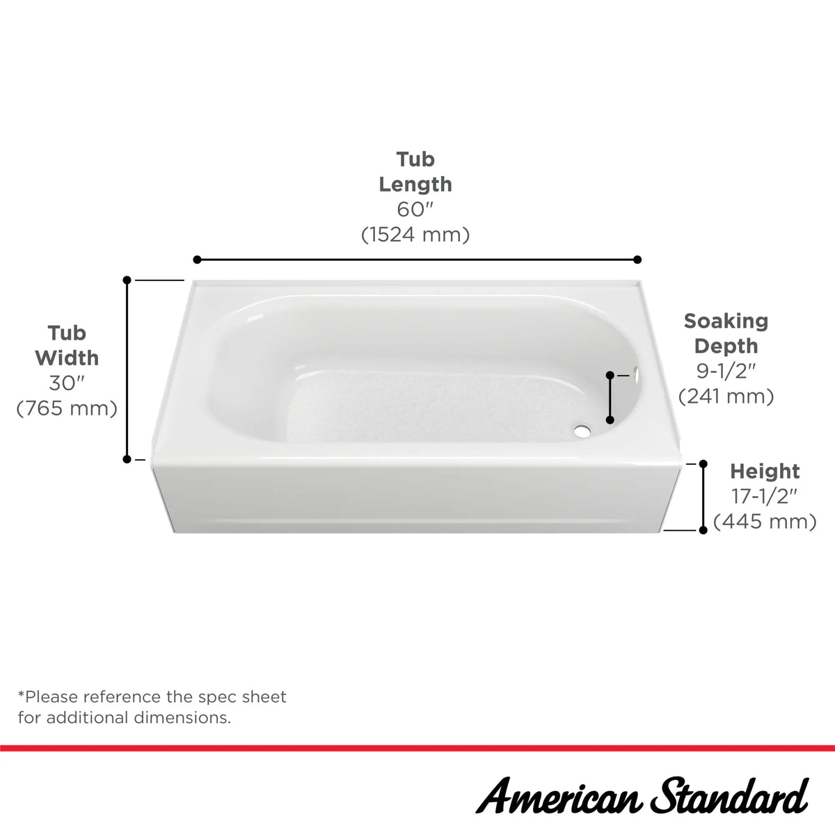 American Standard Princeton PRO Steel 60 x 30-inch Above Floor Rough Integral Apron Bathtub with Right-Hand Outlet - details
