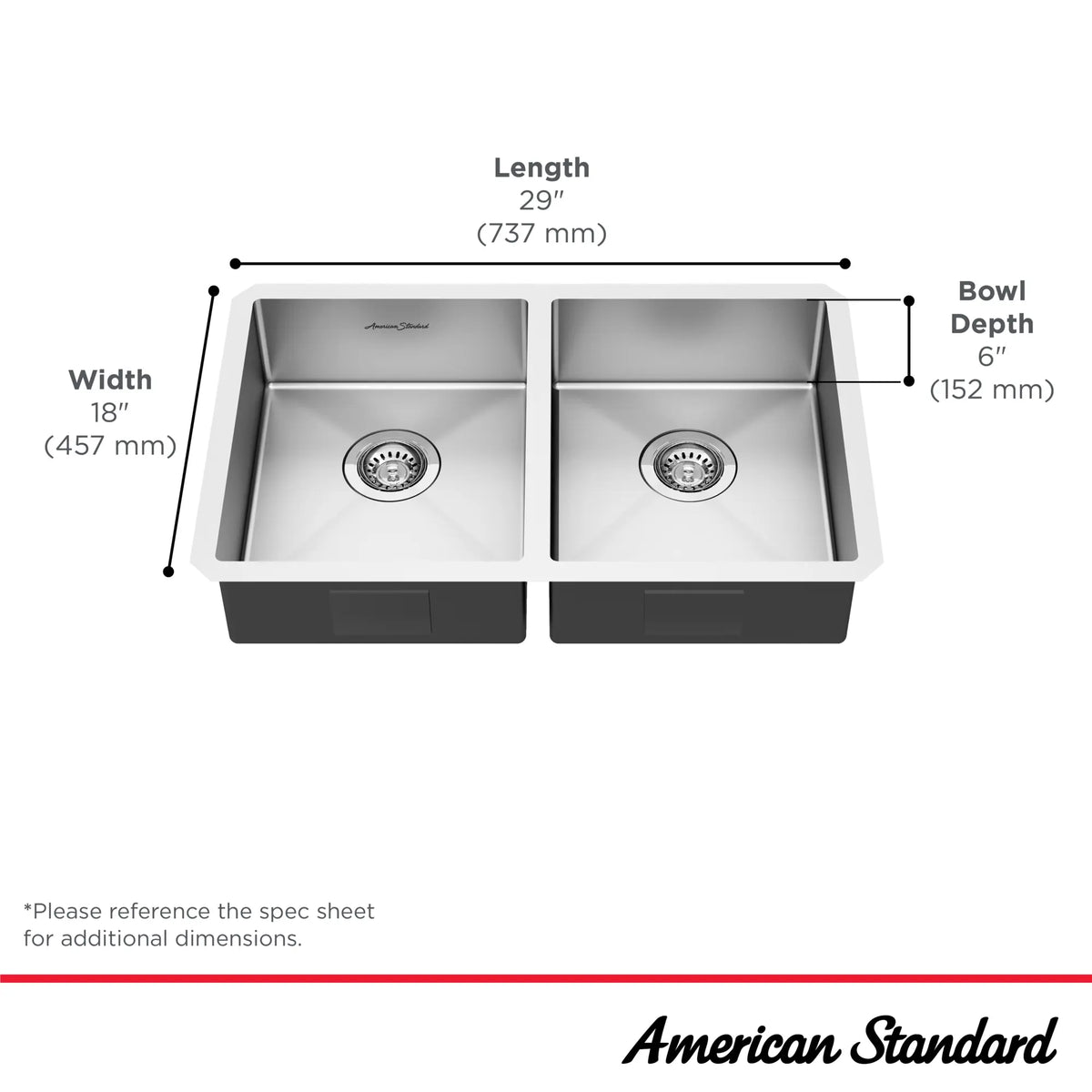 American Standard Pekoe 29 x 18-Inch Stainless Steel Undermount Double Bowl ADA Kitchen Sink - details