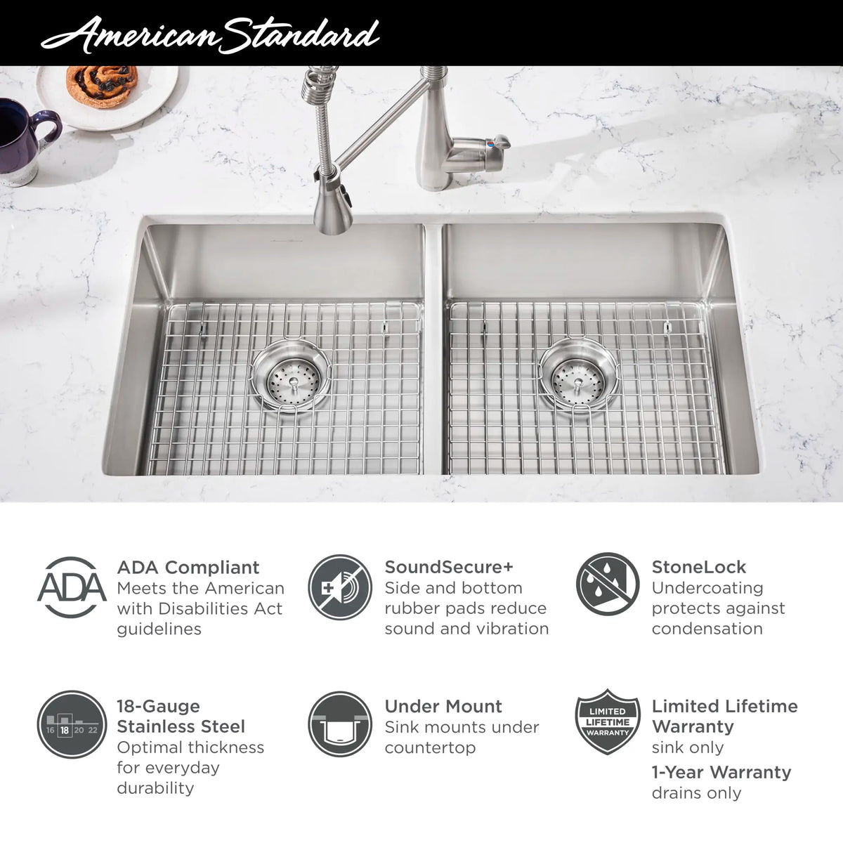 American Standard Pekoe 29 x 18-Inch Stainless Steel Undermount Double Bowl ADA Kitchen Sink - details