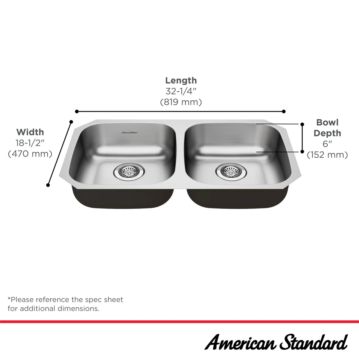 American Standard Portsmouth 32 x 18-Inch Stainless Steel Undermount Double-Bowl ADA Kitchen Sink - details