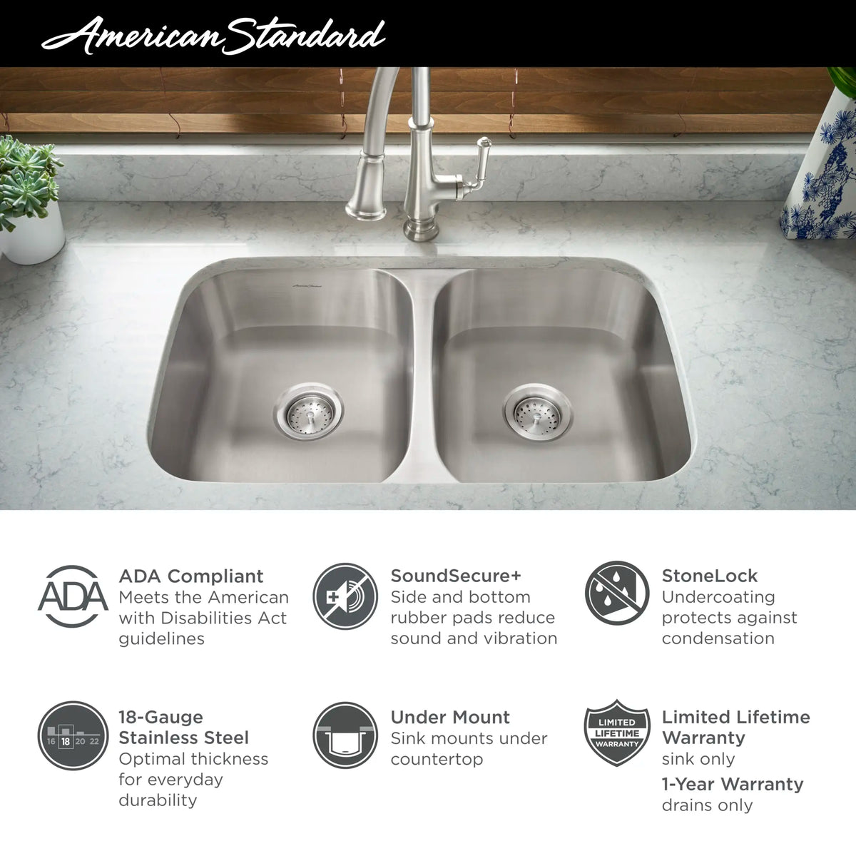 American Standard Portsmouth 32 x 18-Inch Stainless Steel Undermount Double-Bowl ADA Kitchen Sink - details