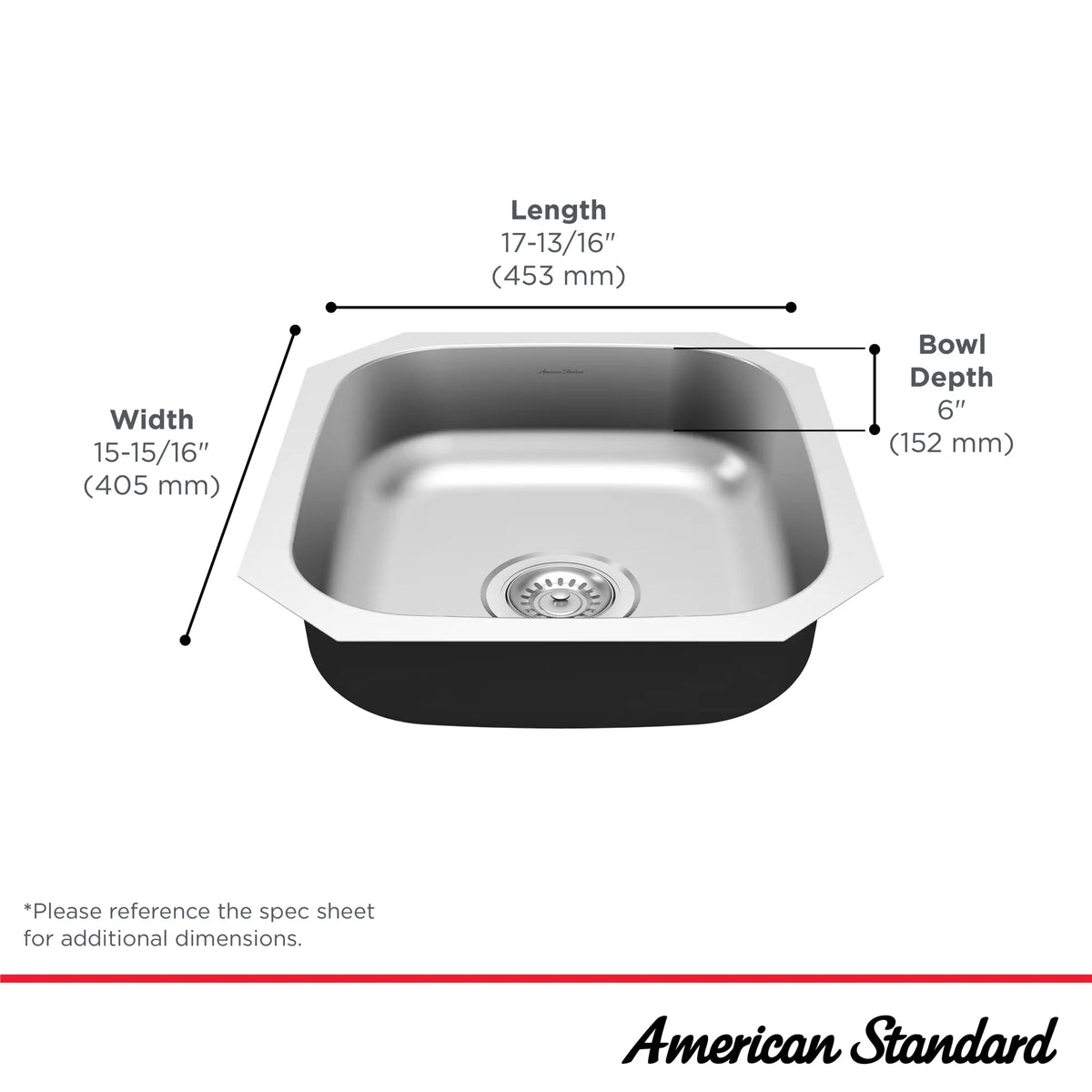 American Standard Portsmouth 18 x 16-Inch Stainless Steel Undermount Single-Bowl ADA Kitchen Sink - details
