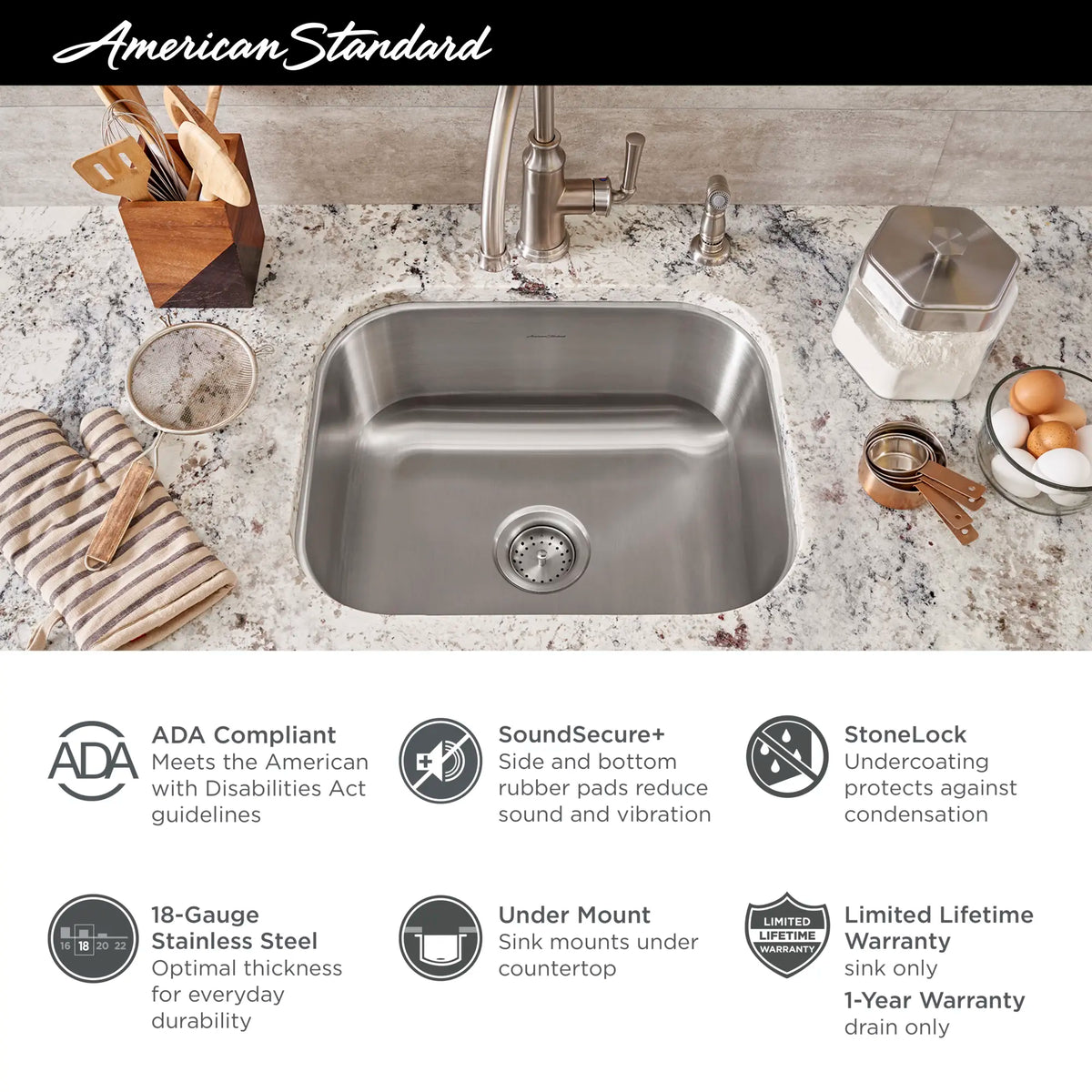 American Standard Portsmouth 18 x 16-Inch Stainless Steel Undermount Single-Bowl ADA Kitchen Sink - details