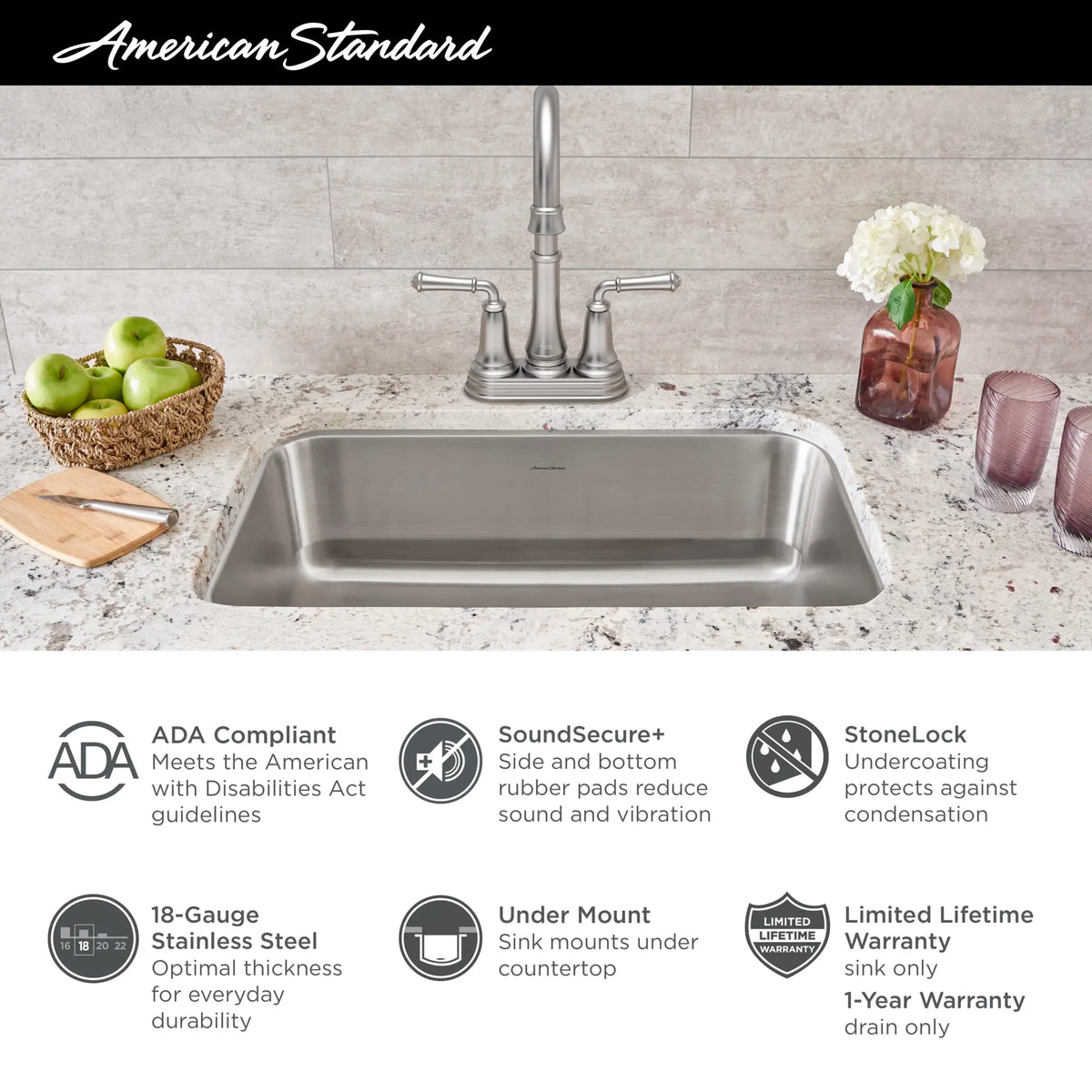 American Standard Portsmouth 23 x 18-Inch Stainless Steel Undermount Single-Bowl ADA Kitchen Sink - details