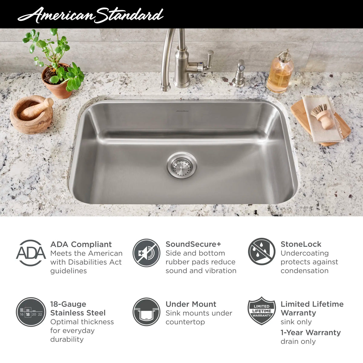 American Standard Portsmouth 30 x 18-Inch Stainless Steel Undermount Single-Bowl ADA Kitchen Sink - details