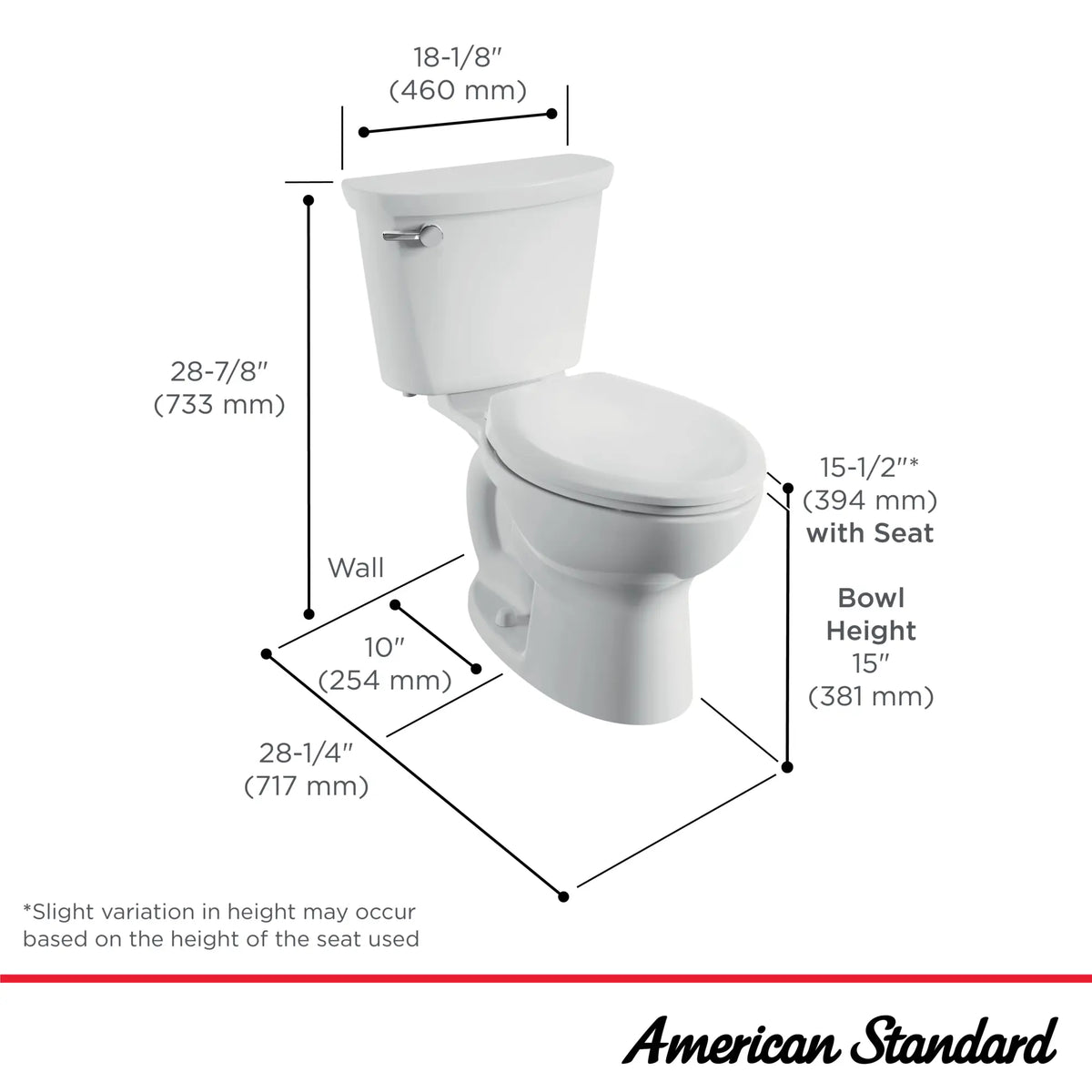American Standard Cadet PRO Two-Piece 1.6 gpf/6.0 Lpf Standard Height Elongated 10-Inch Rough Toilet Less Seat - details