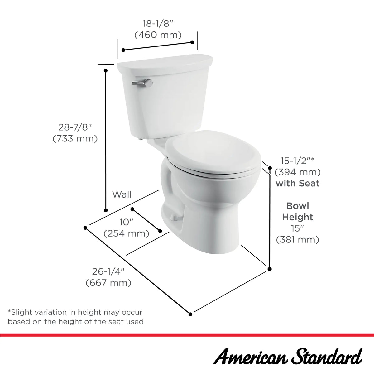 American Standard Cadet PRO Two-Piece 1.28 gpf/4.8 Lpf Standard Height Round Front 10-Inch Rough Toilet Less Seat - details