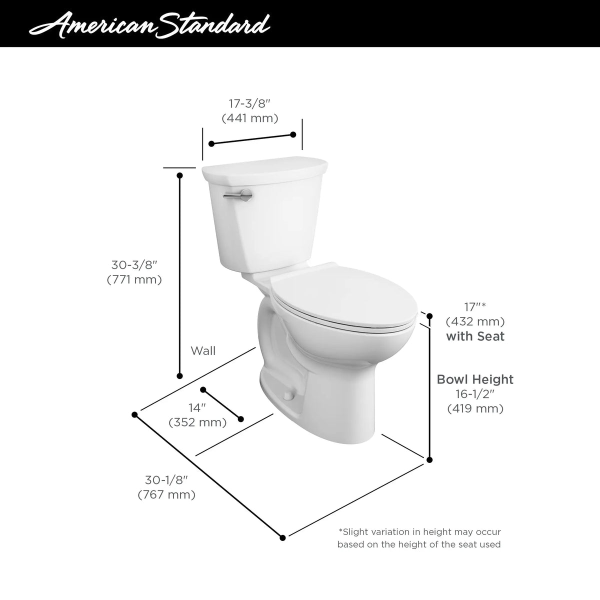 American Standard Cadet PRO Two-Piece 1.6 gpf/6.0 Lpf Compact Chair Height Elongated 14-Inch Rough Toilet Less Seat - details