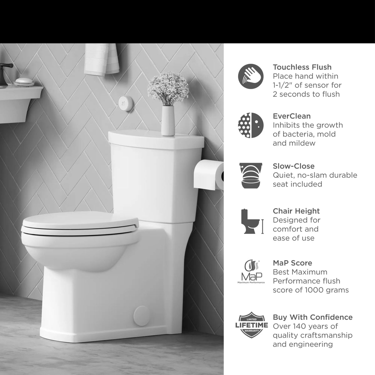 American Standard Estate Touchless Skirted Two-Piece 1.28 gpf/4.8 Lpf Chair Height Elongated Toilet With Seat - details