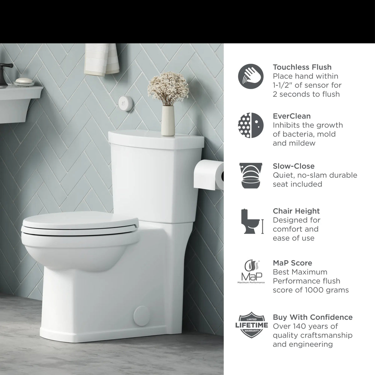 American Standard Estate Touchless Skirted Two-Piece 1.28 gpf/4.8 Lpf Chair Height Elongated Toilet With Seat - details