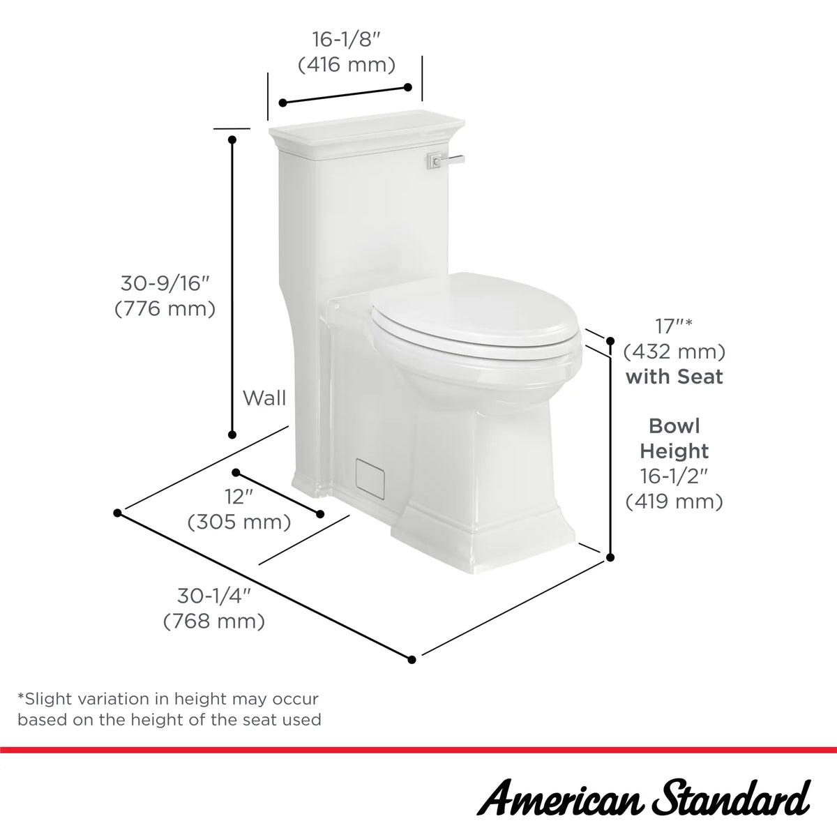 American Standard Town Square S One-Piece 1.28 gpf/4.8 Lpf Chair Height Right-Hand Trip Lever Elongated Toilet With Seat - details