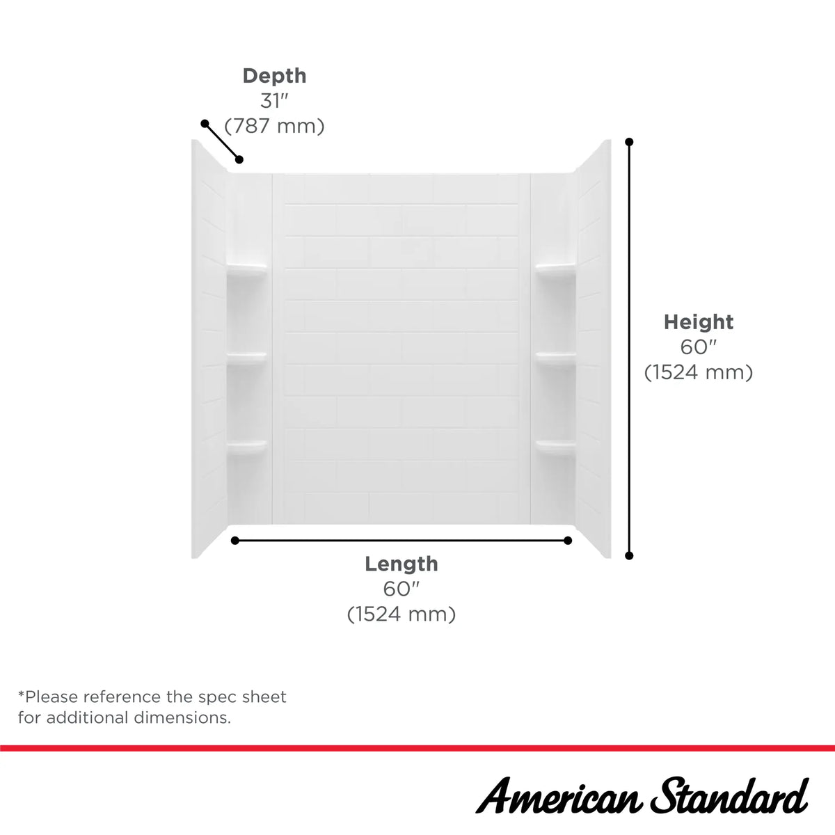 American Standard Princeton PRO 60 x 30 x 60-inch Direct to Stud Subway Tile Bathtub Wall Set - details
