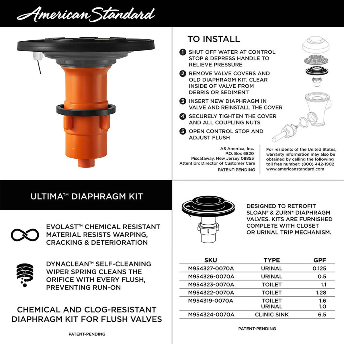 American Standard Ultima Touchless Sensor Toilet Flush Valve, Diaphragm-Type, 1.28 gpf/4.8 Lpf - product view