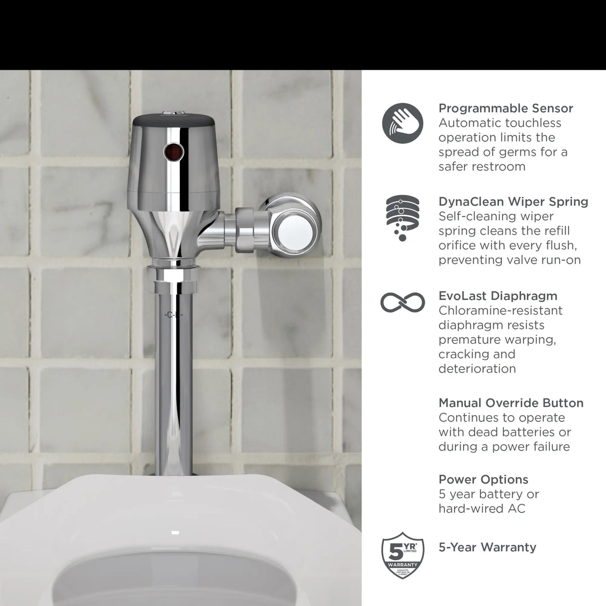 American Standard Ultima Selectronic Exposed Toilet Flush Valve, Diaphragm Type, Battery, 1.28 gpf/4.8 Lpf - details