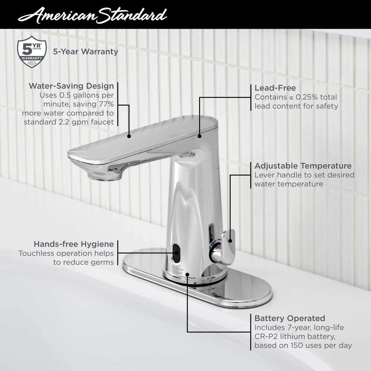 American Standard Clean IR Touchless Faucet, Battery-Powered with Above-Deck Mixing, 0.5 gpm/1.9 Lpm - details