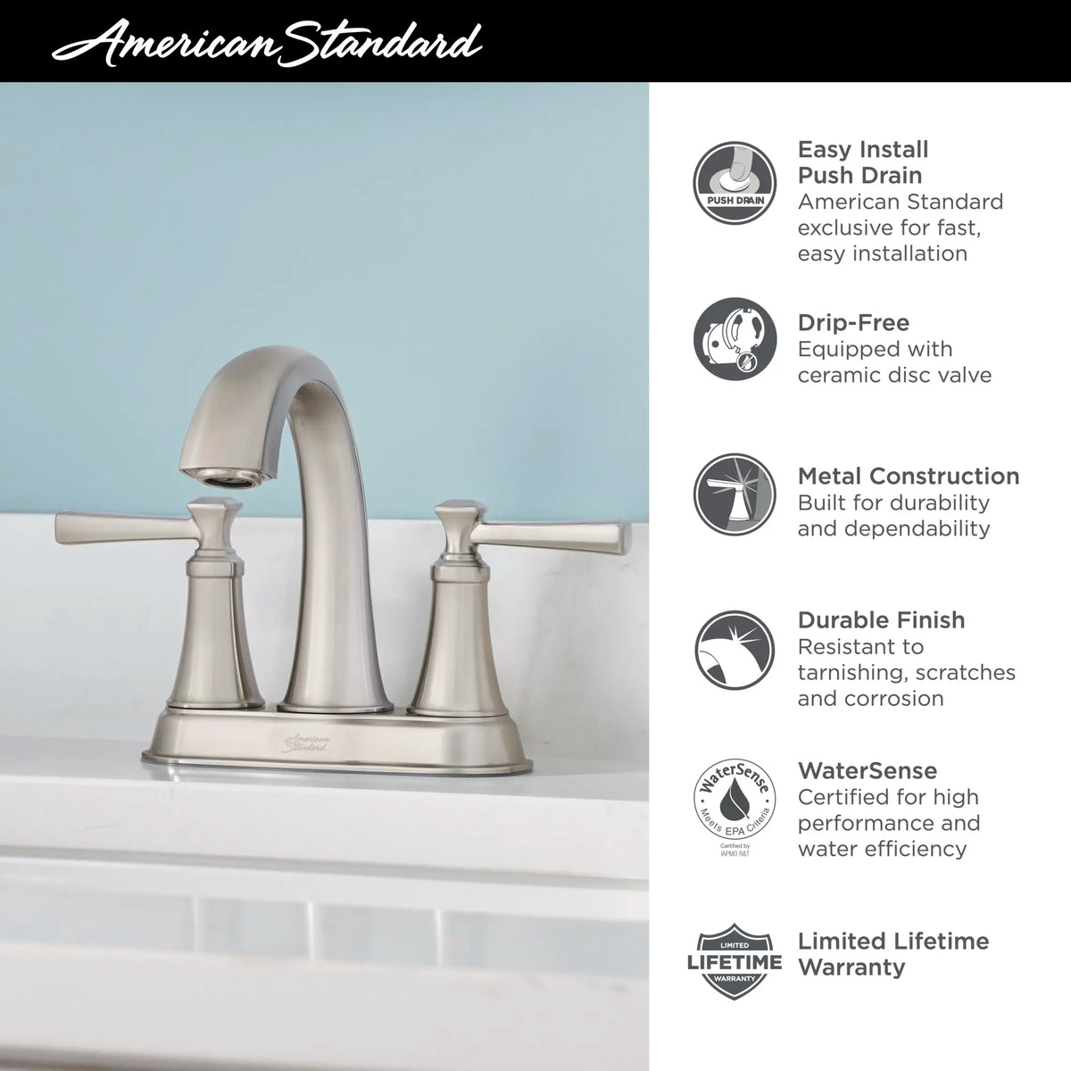 American Standard Glenmere 4-Inch Centerset 2-Handle Bathroom Faucet 1.2 gpm/4.5 L/min With Lever Handles - details