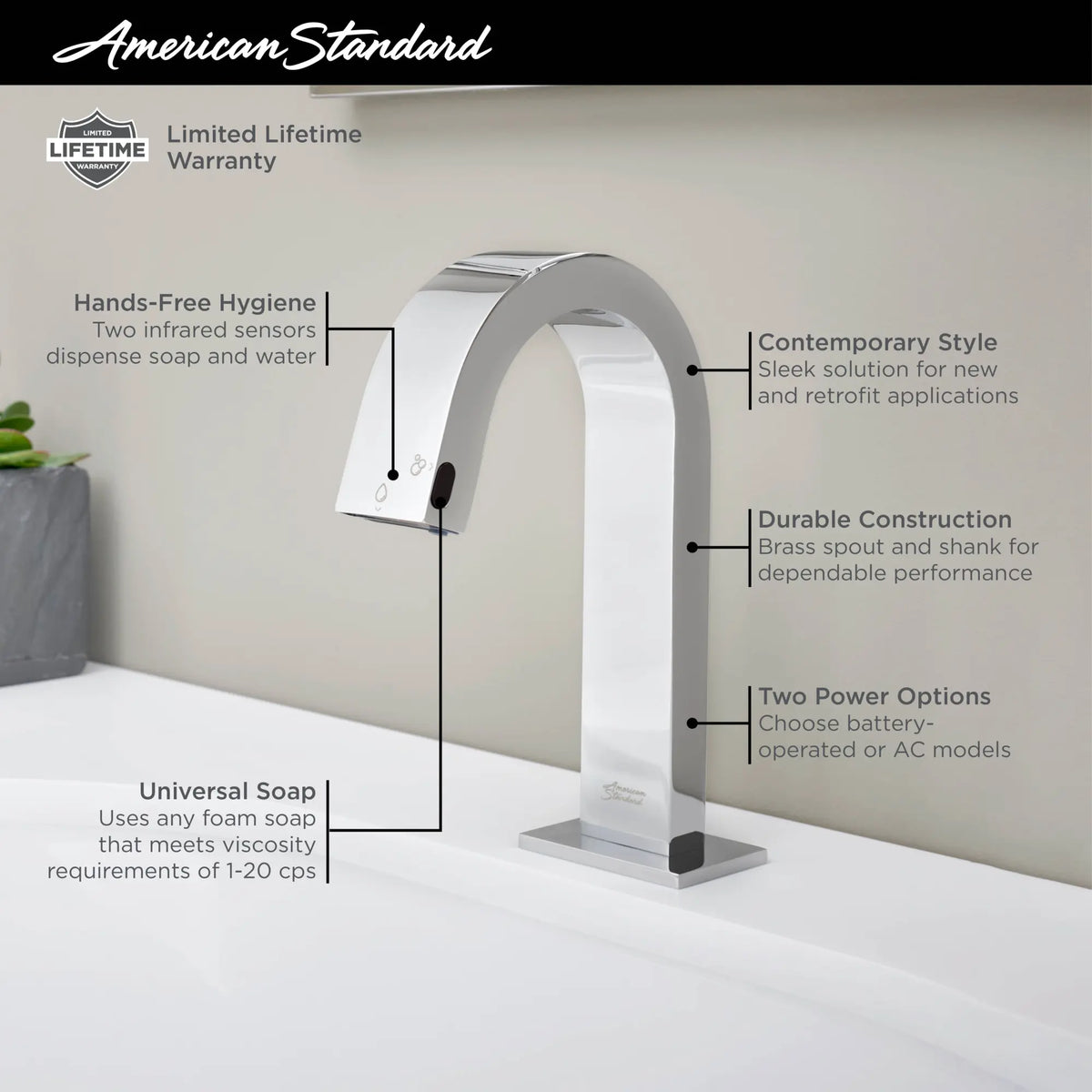 American Standard 2-In-1 Integral Touchless Faucet/Soap Dispenser, Base Model - details