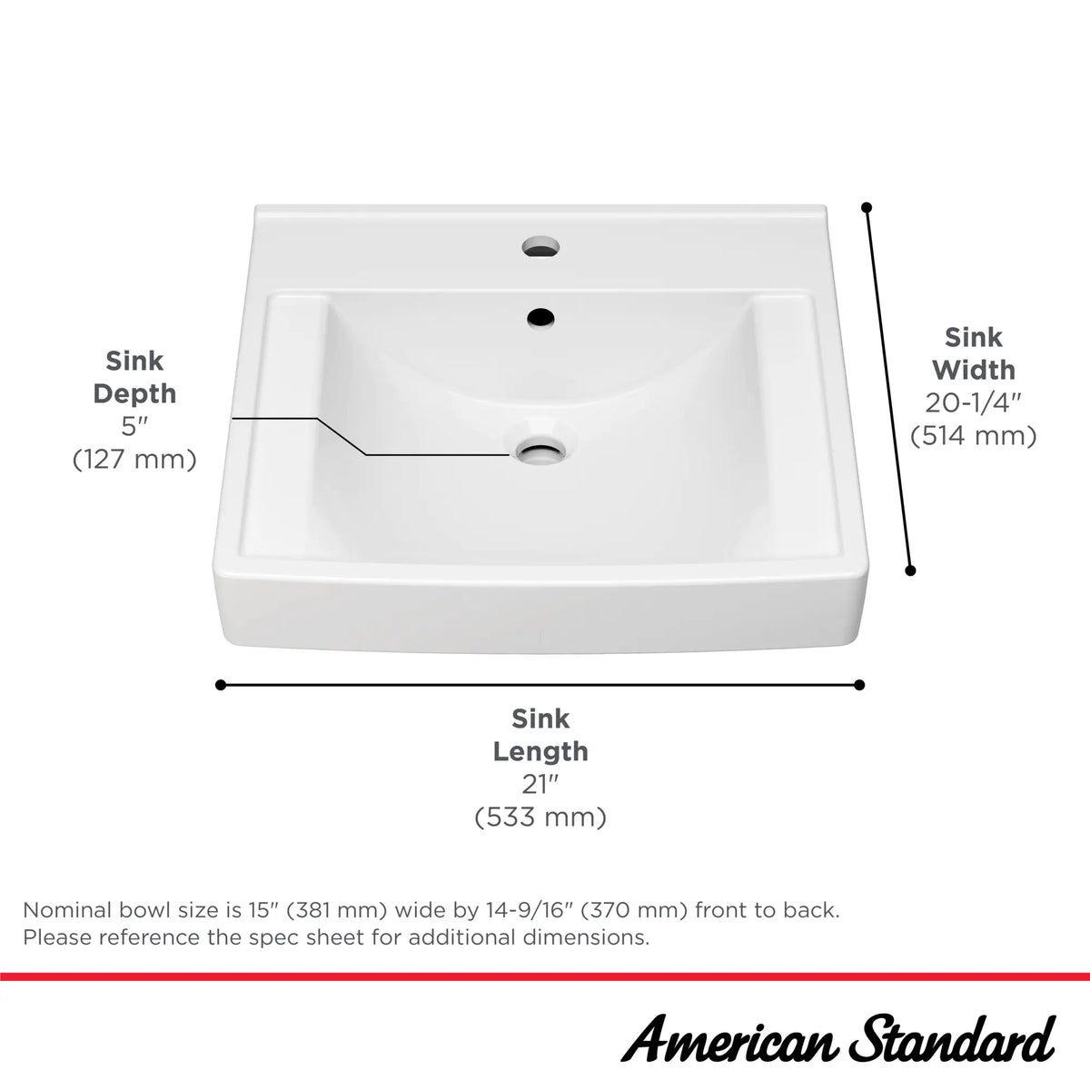 American Standard Decorum 21 x 20-1/4-Inch (533 x 514 mm) Wall-Hung EverClean Sink With Center Hole Only - details