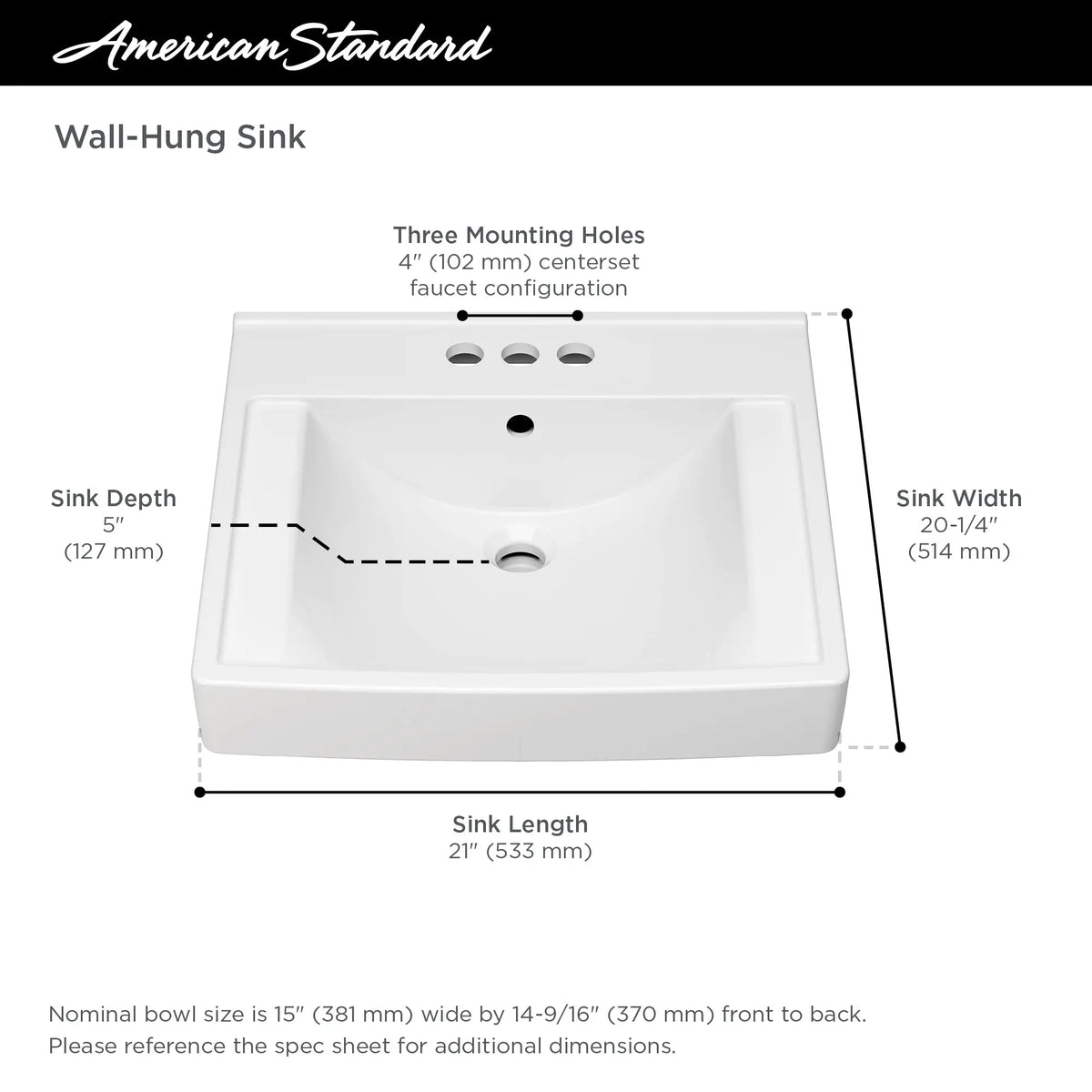 American Standard Decorum 21 x 20-1/4-Inch (533 x 514 mm) Wall-Hung EverClean Sink With 4-Inch Centerset - details