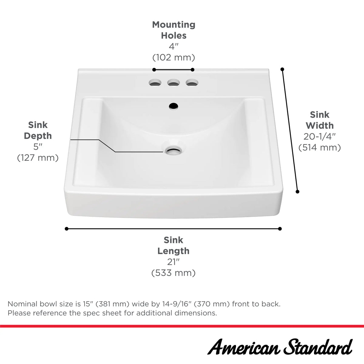 American Standard Decorum 21 x 20-1/4-Inch (533 x 514 mm) Wall-Hung EverClean Sink With 4-Inch Centerset - details