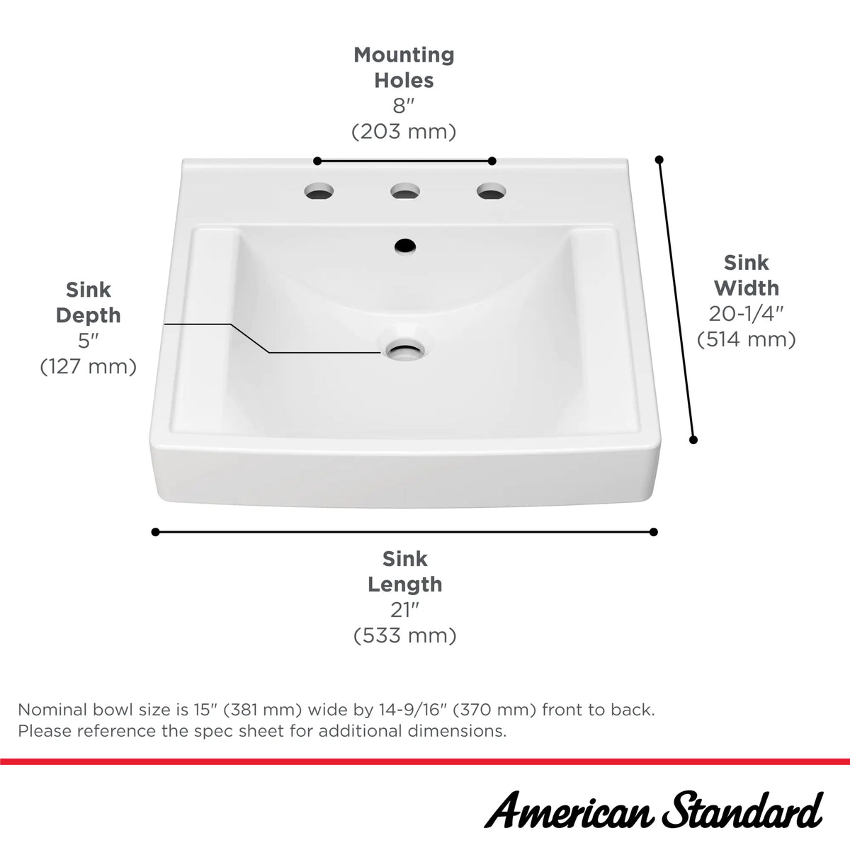 American Standard Decorum 21 x 20-1/4-Inch (533 x 514 mm) Wall-Hung EverClean Sink With 8-Inch Widespread - details