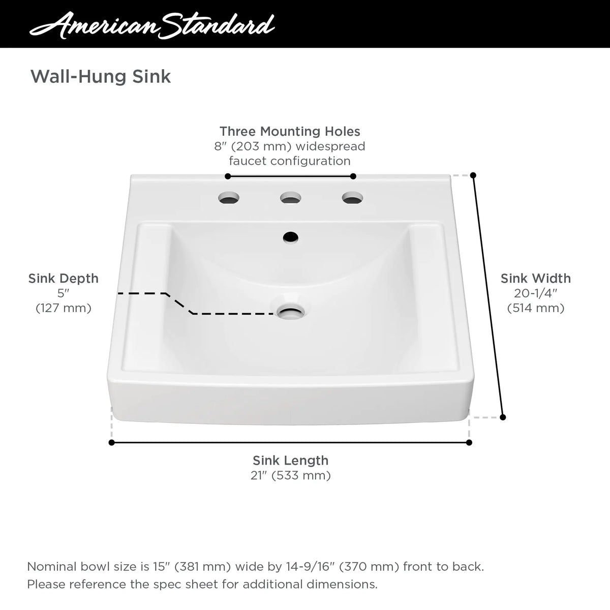 American Standard Decorum 21 x 20-1/4-Inch (533 x 514 mm) Wall-Hung EverClean Sink With 8-Inch Widespread - details