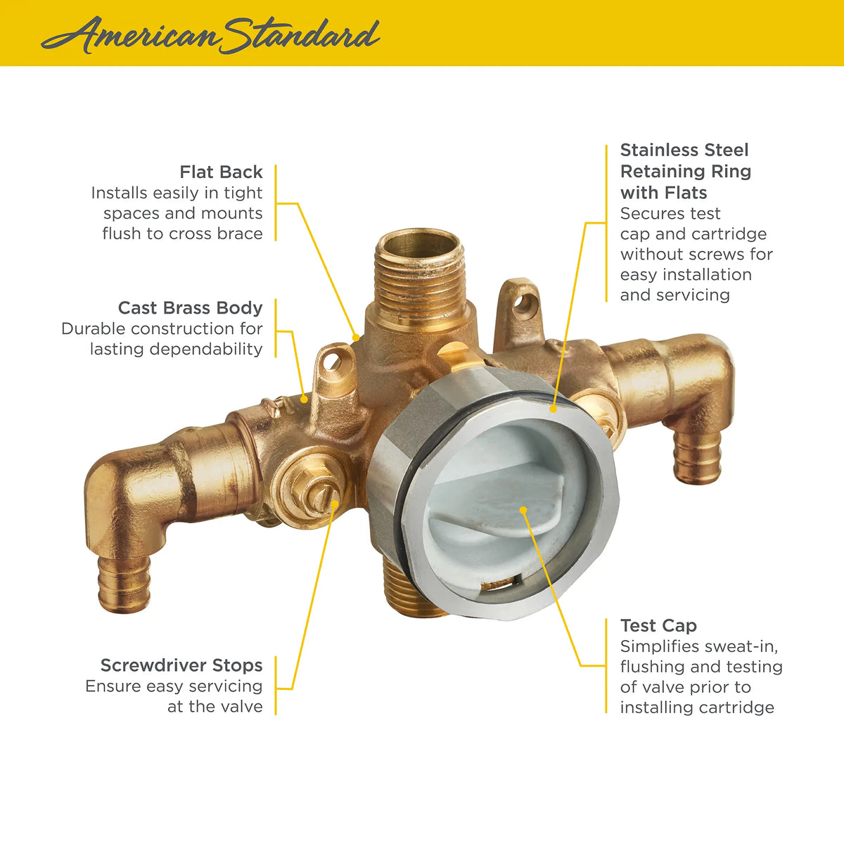 American Standard Flash Shower Rough-In Valve With PEX Inlet Elbows/Universal Outlets With Screwdriver Stops for Crimp Ring System - details