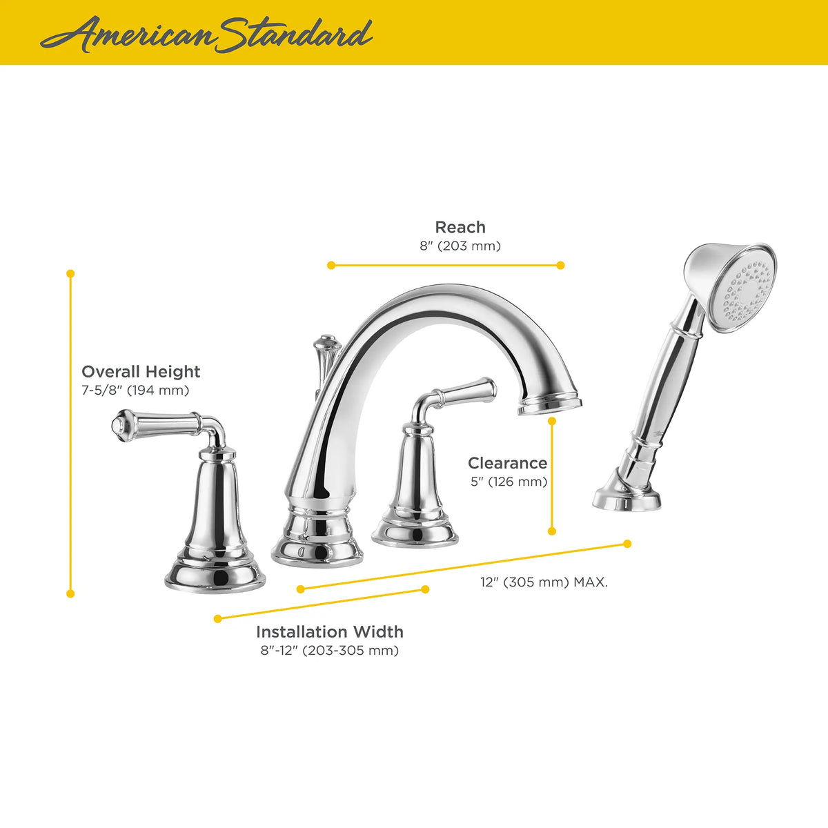 American Standard Delancey Bathtub Faucet With Lever Handles and Personal Shower for Flash Rough-In Valve - details