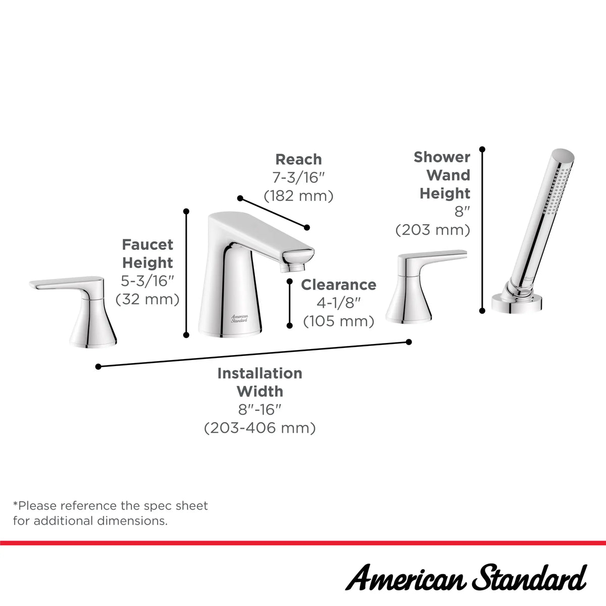 American Standard Aspirations 4-Hole 2-Handle Deck Mount Roman Tub Faucet With Lever Handles and Personal Shower - details