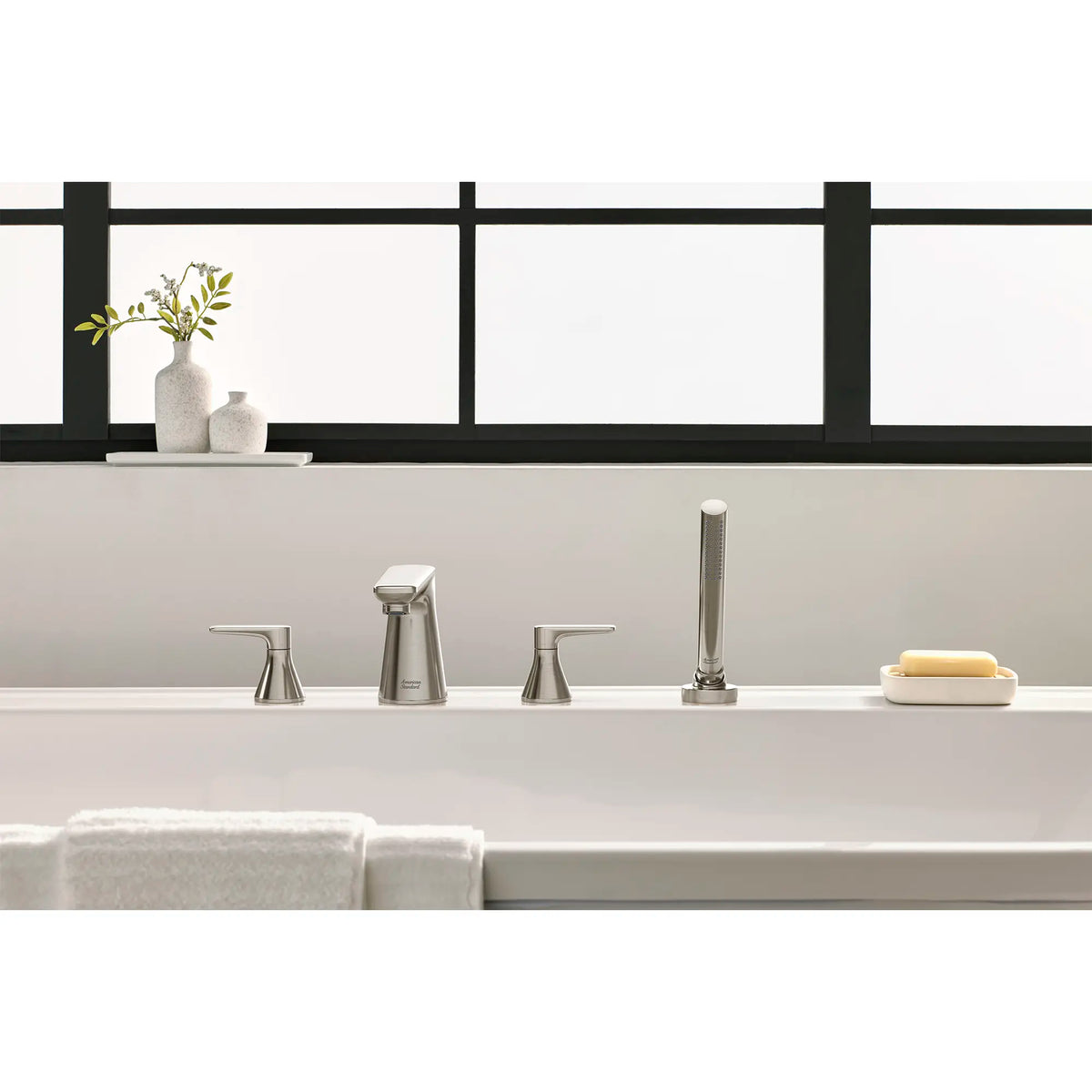 American Standard Aspirations 4-Hole 2-Handle Deck Mount Roman Tub Faucet With Lever Handles and Personal Shower - details