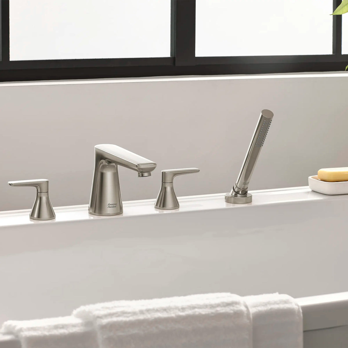 American Standard Aspirations 4-Hole 2-Handle Deck Mount Roman Tub Faucet With Lever Handles and Personal Shower - details