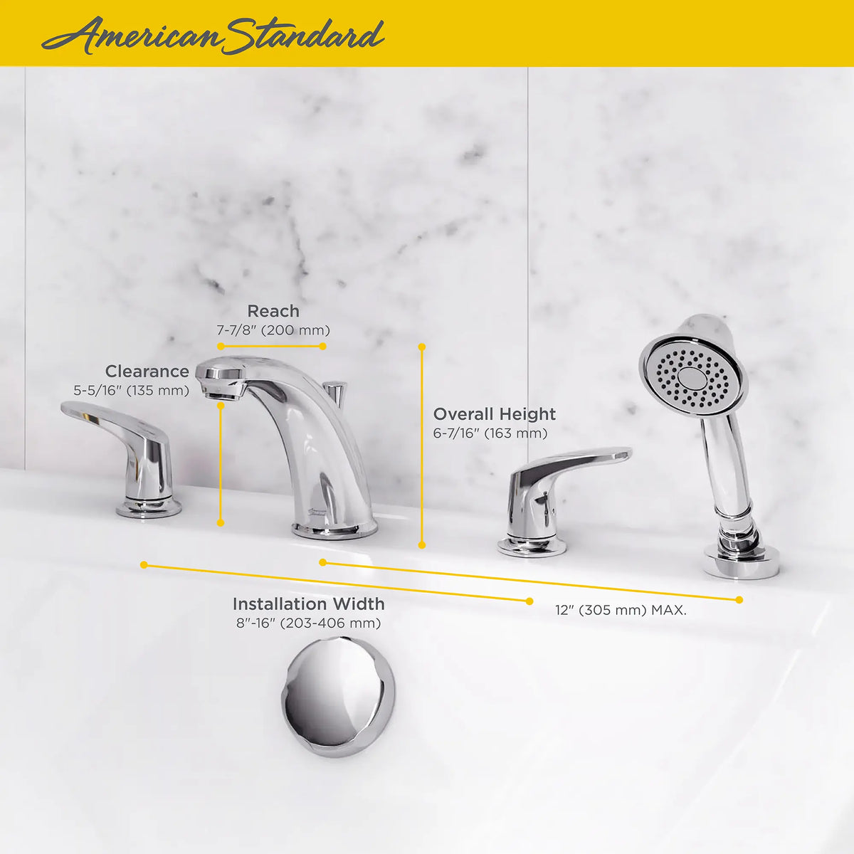 American Standard Colony PRO Bathtub Faucet Trim With Lever Handles and Personal Shower for Flash Rough-In Valve - details