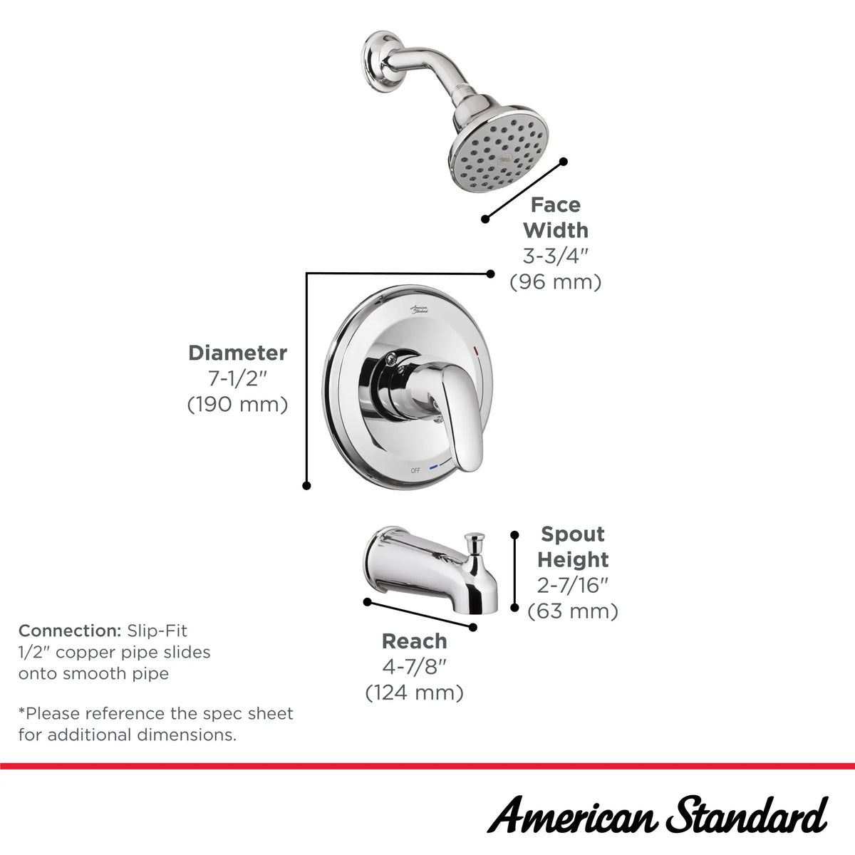 American Standard Colony PRO 1.75 gpm/6.6 L/min Tub and Shower Trim Kit With Water-Saving Showerhead, Double Ceramic Pressure Balance Cartridge With Lever Handle - details