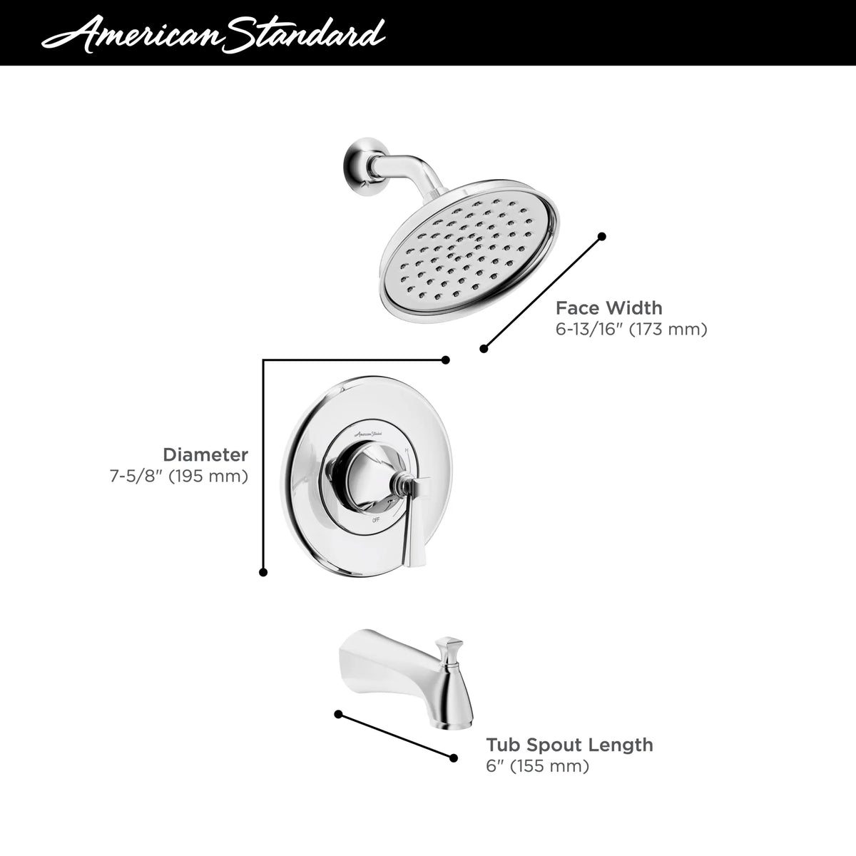 American Standard Glenmere 1.8 gpm/6.8 L/min Tub and Shower Trim Kit With Water-Saving Showerhead, Double Ceramic Pressure Balance Cartridge With Lever Handle - details