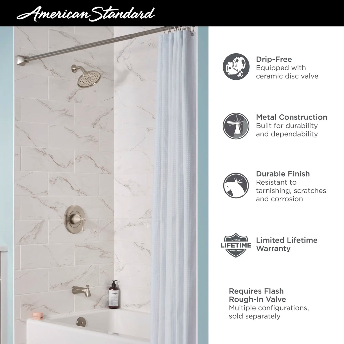 American Standard Glenmere 1.8 gpm/6.8 L/min Tub and Shower Trim Kit With Water-Saving Showerhead, Double Ceramic Pressure Balance Cartridge With Lever Handle - details