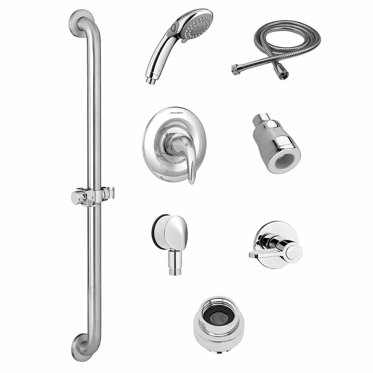 American Standard Commercial Shower System Trim Kit 1.5 gpm/5.7 Lpm with 36-Inch Slide-Grab Bar, Hand Shower and Showerhead - Polished Chrome