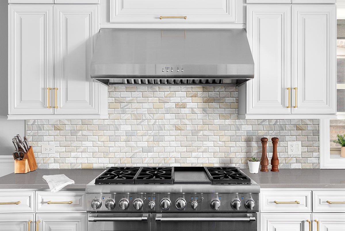 MSI Athena Gold 2 x 4 Honed Marble mosaic (SMOT-ATHGOL-2X4HB) – MSI room scene (kitchen)