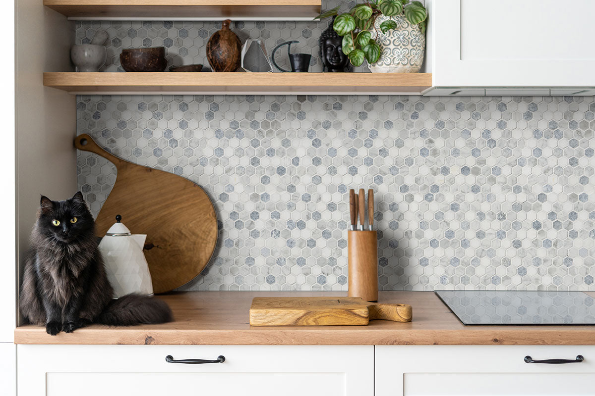 MSI Azula Hex 1" Hexagon Polished Marble mosaic (SMOT-AZULA-1HEXP) – MSI room scene (kitchen)