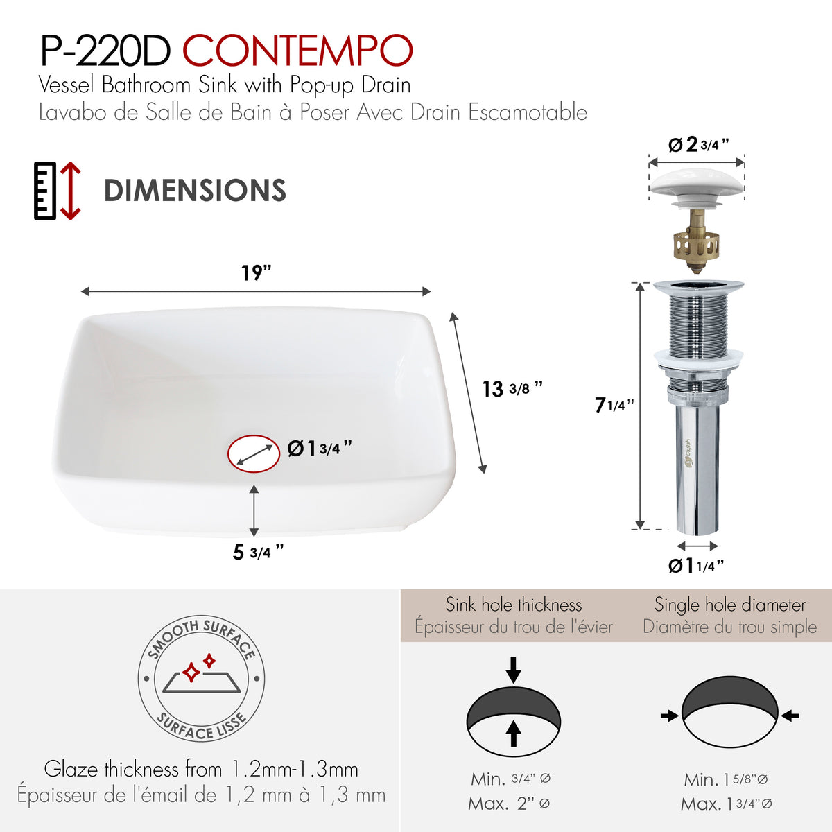 Stylish Contempo 19" White Glossy Rectangular Vessel Bathroom Sink with Ceramic Pop Up Drain P-220D