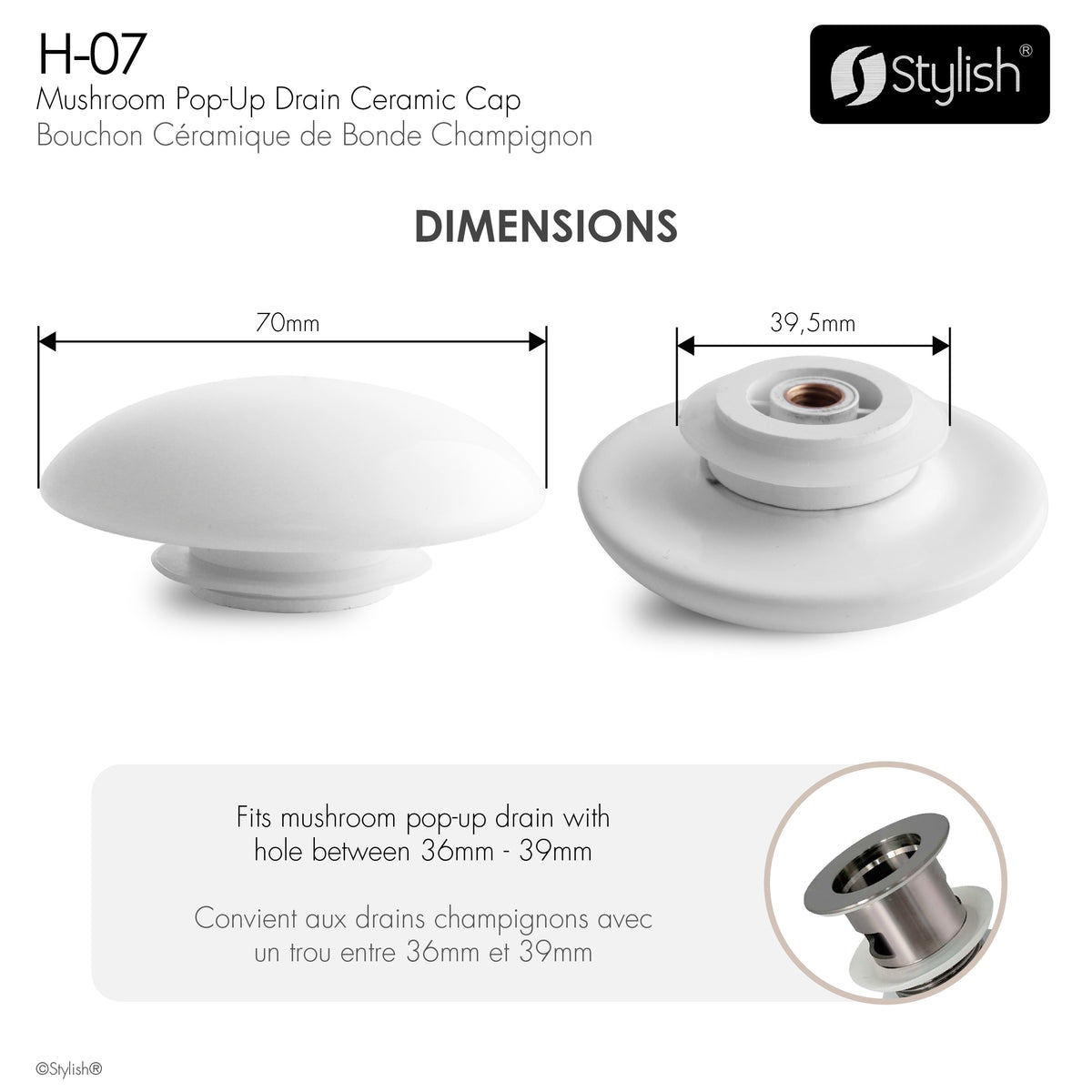 Stylish Pop-Up Drain Glossy White Ceramic Cap H-07