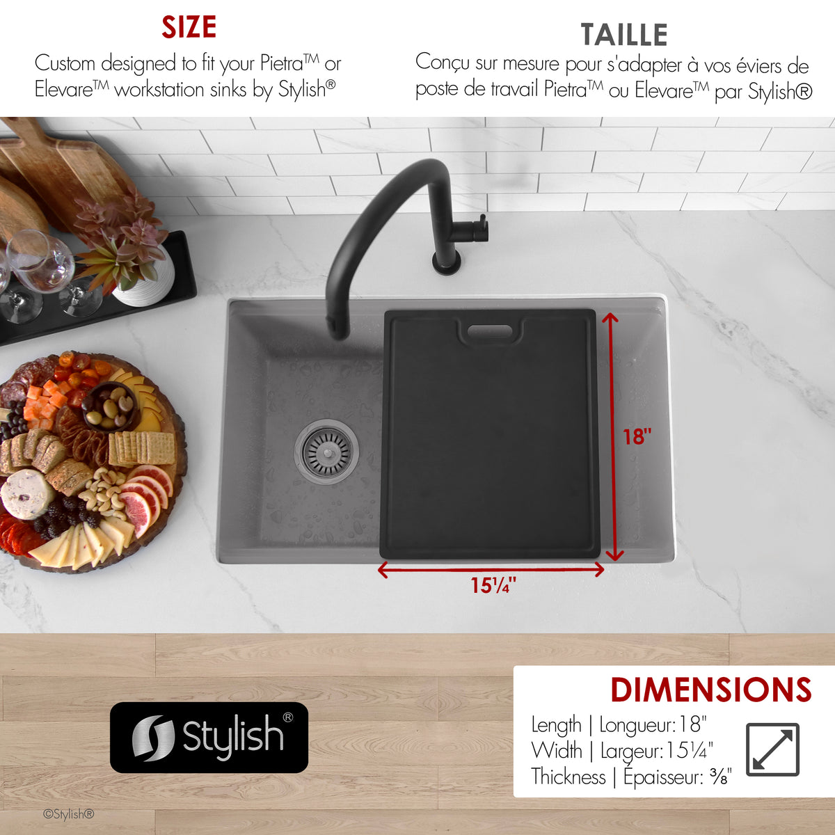 Stylish Wood Fiber Workstation Sink Black Cutting Board A-925