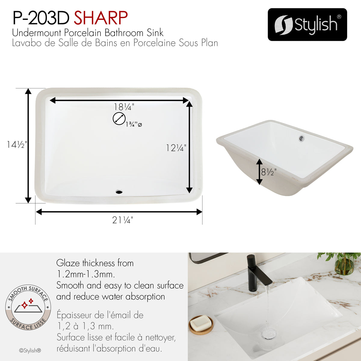 Stylish Sharp 21" White Porcelain Undermount Basin Bathroom Sink with Ceramic Pop Up Drain Included P-203D