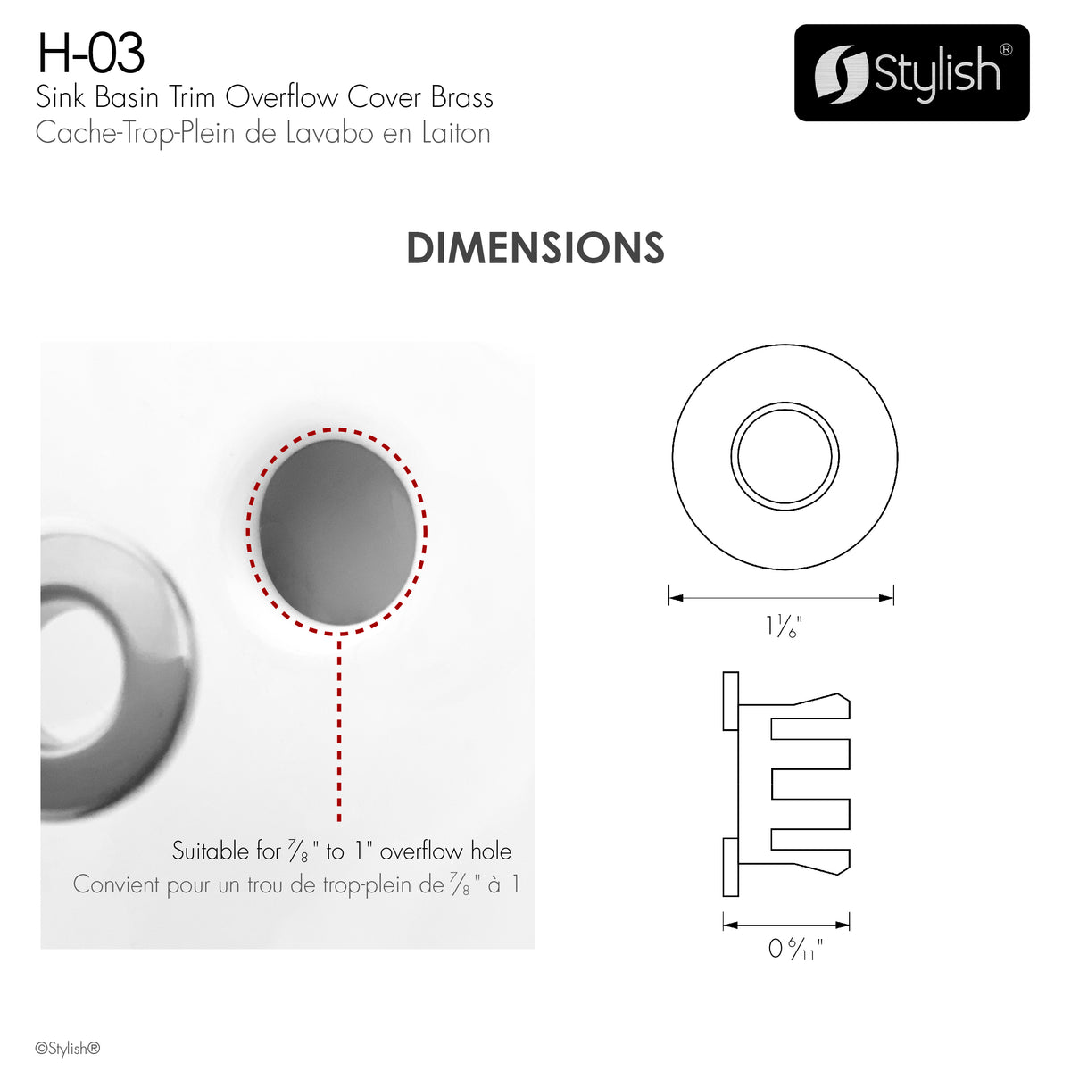 Stylish Chrome Sink Basin Trim Overflow H-03