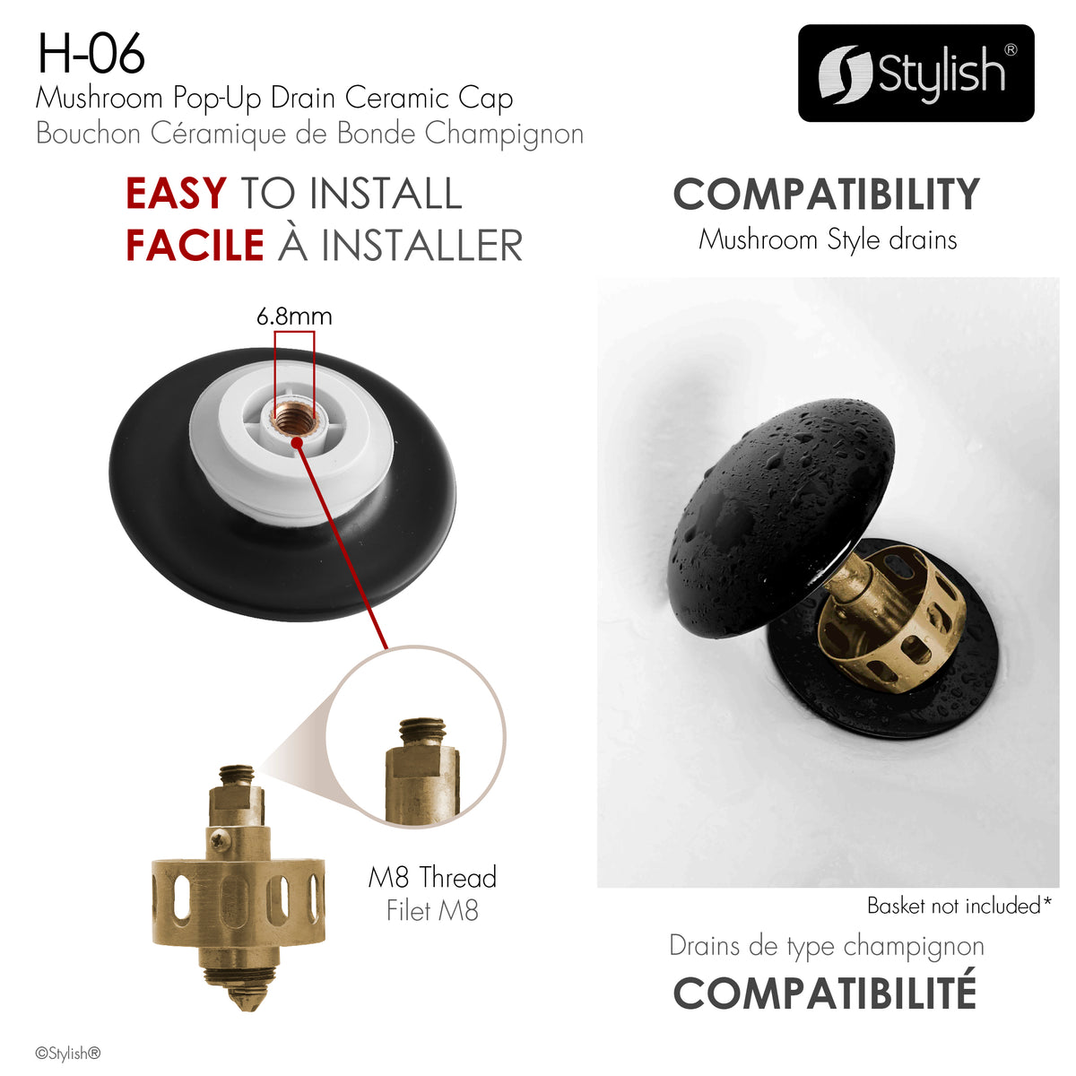 Stylish Pop-Up Drain Matte Black Ceramic Cap H-06