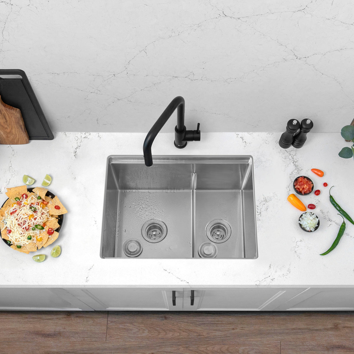 Stylish Versa 25" Workstation 60/40 Double Bowl Undermount 16 Gauge Stainless Steel Kitchen Sink with Black Accessories Included S-625WK