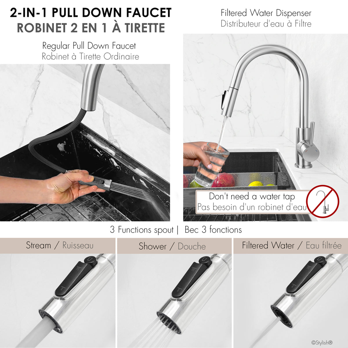 Stylish Modena Single Handle Pull Down Kitchen Faucet with Reverse Osmosis Polish Chrome K-131CR