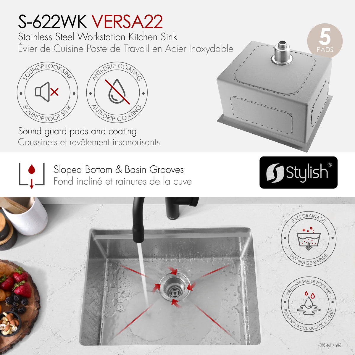 Stylish Versa 22" Workstation Single Bowl Undermount 16 Gauge Stainless Steel Kitchen Sink with Black Cutting Board Included S-622WK