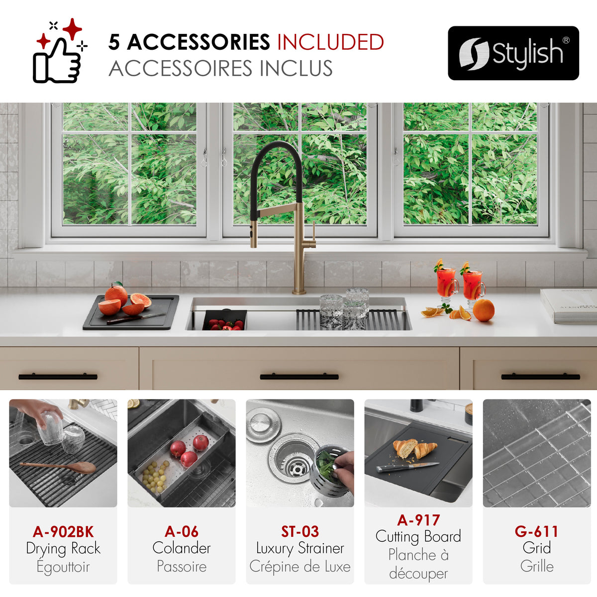 Stylish Versa 30" Workstation Single Bowl Undermount 16 Gauge Stainless Steel Kitchen Sink with Black Accessories Included S-611WK
