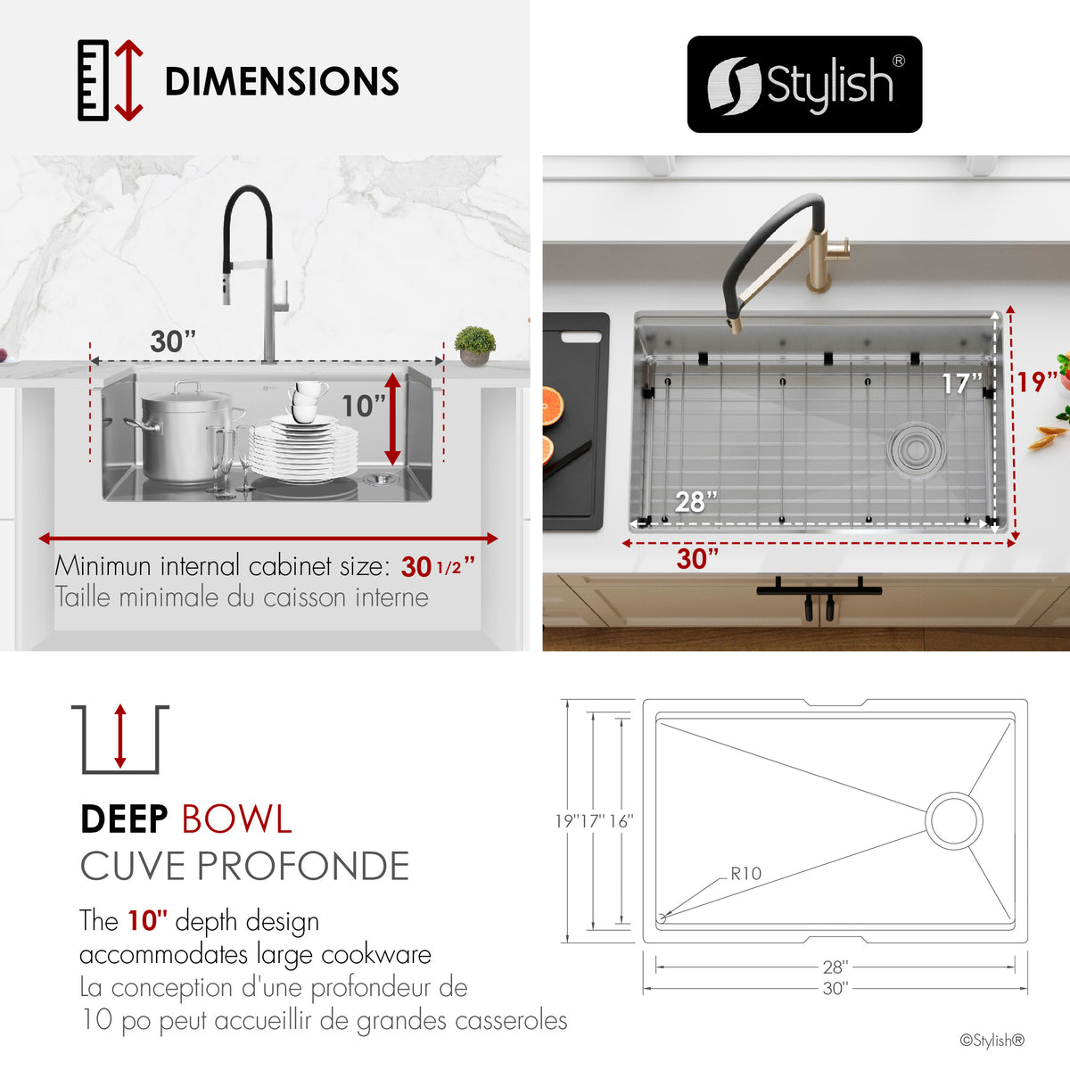 Stylish Versa 30" Workstation Single Bowl Undermount 16 Gauge Stainless Steel Kitchen Sink with Black Accessories Included S-611WK